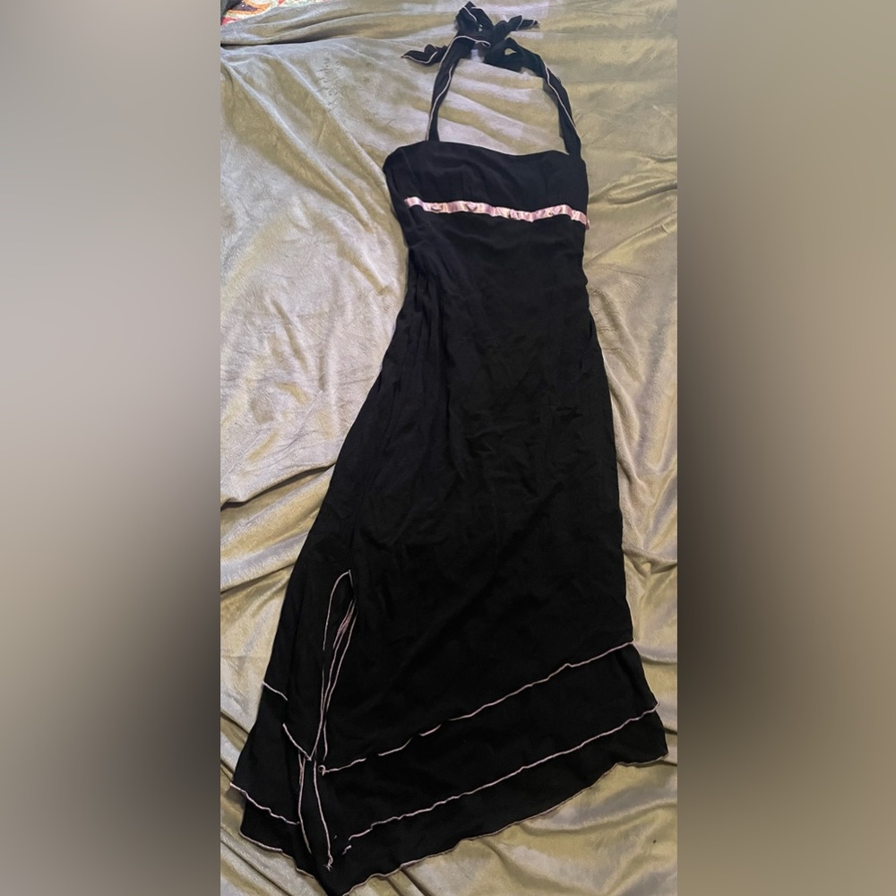 Black with lavender trim and flowers at bust tie neck dress EUC